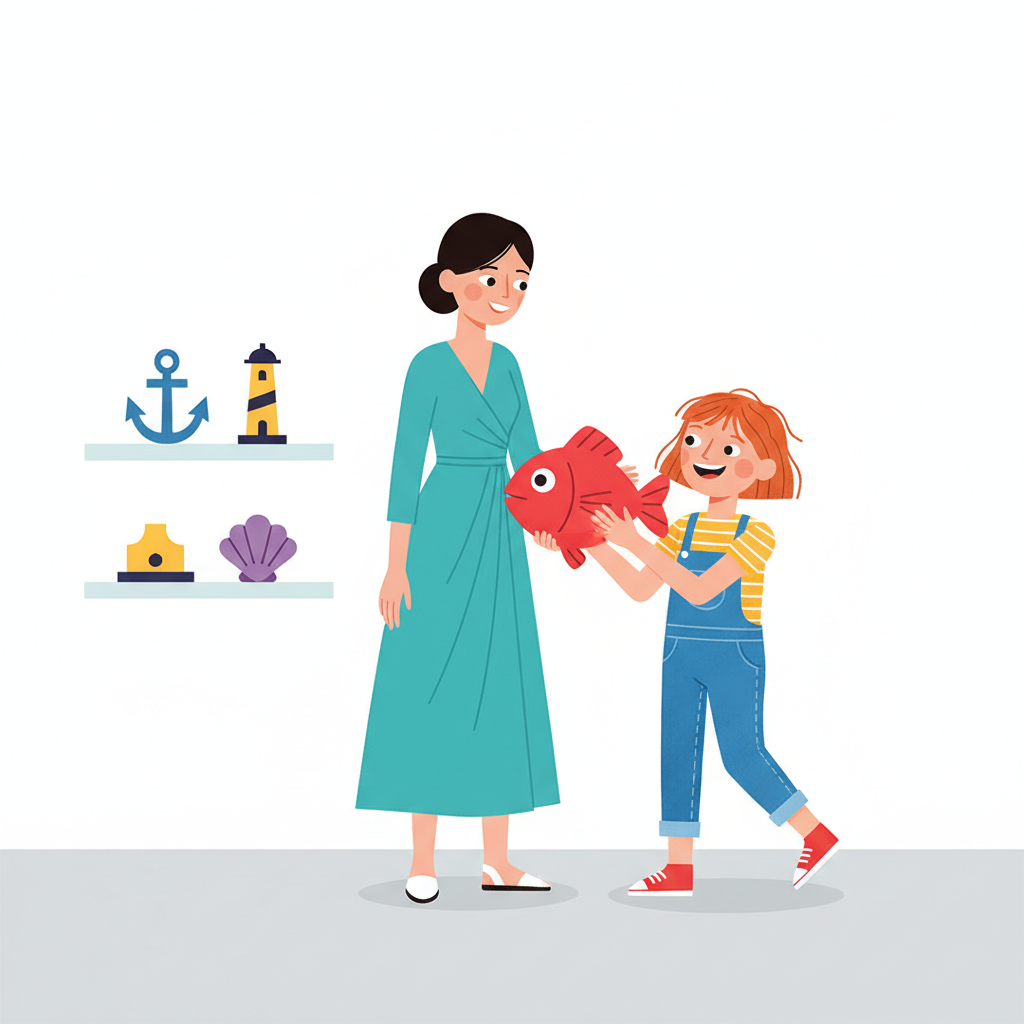 Jane and her aunt in a quirky cruise ship gift shop, Jane holding a red plastic fish