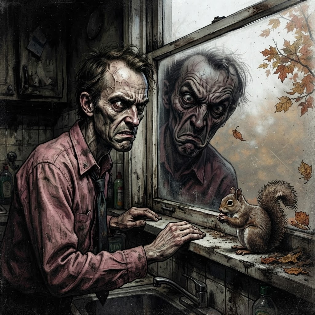 Gaunt man staring obsessively out window with warped reflection and visible veins, squirrel visible just outside the window