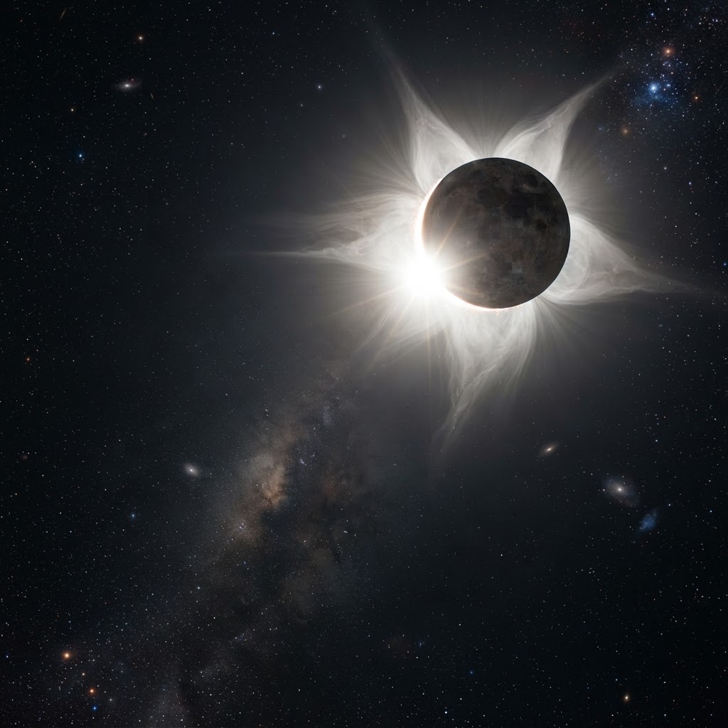 Photograph of a solar eclipse beginning, moon starting to cross the sun with a diamond ring effect