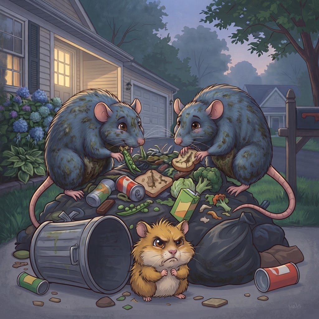 Two massive grimy rats eating rotting garbage while a disgusted scruffy golden-brown hamster looks on
