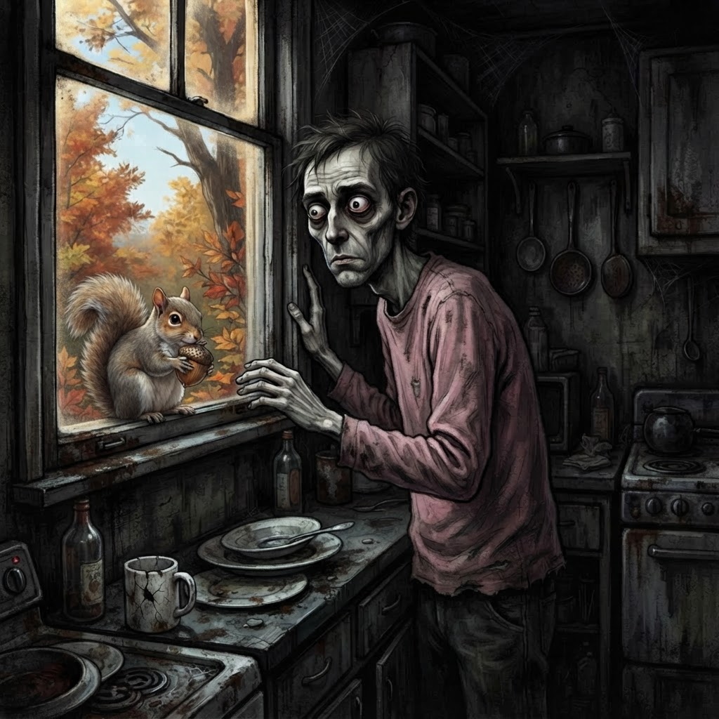 Gaunt man in pink shirt staring unblinking out kitchen window at a squirrel harmlessly eating a nut