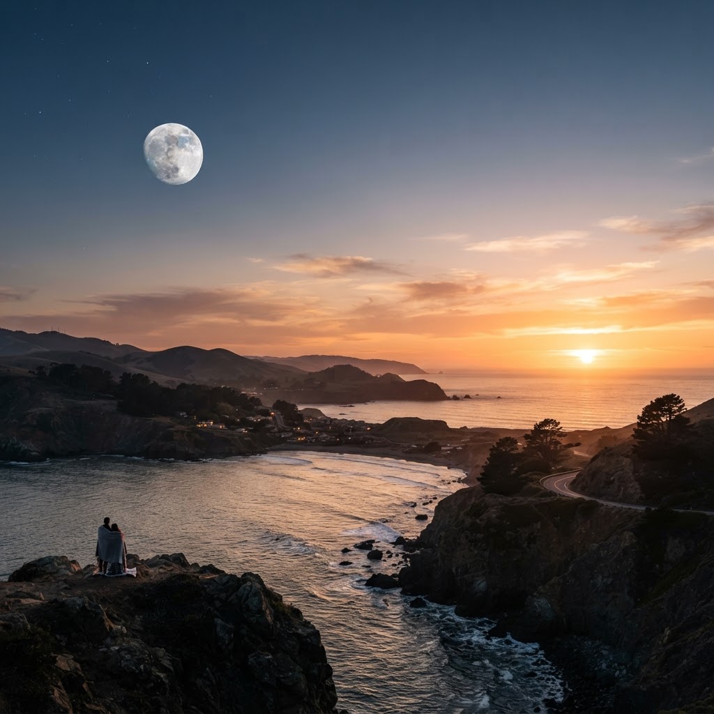 Photograph of the sun and moon both visible in the sky at dusk