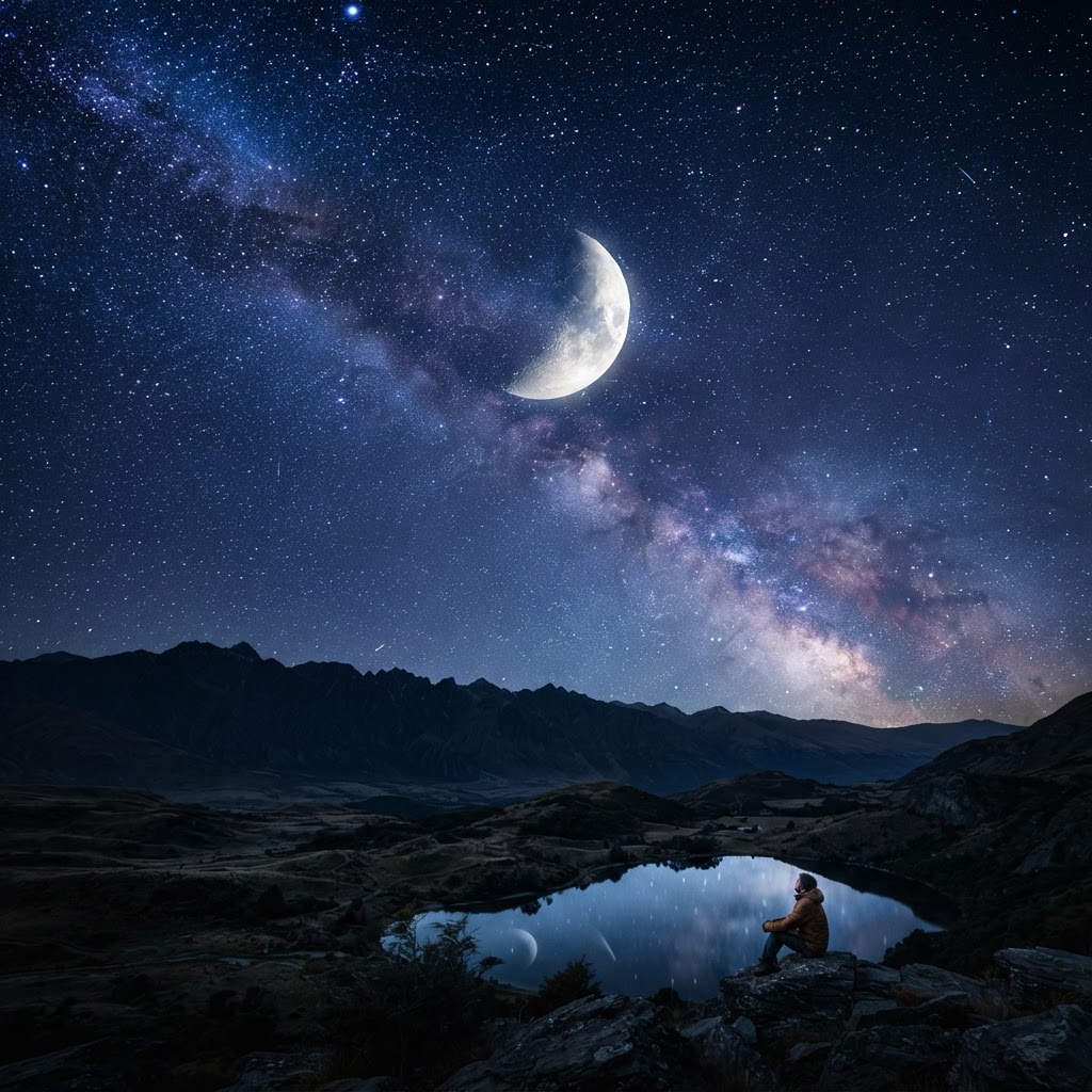 Photograph of a lone moon in a vast starry cosmic sky