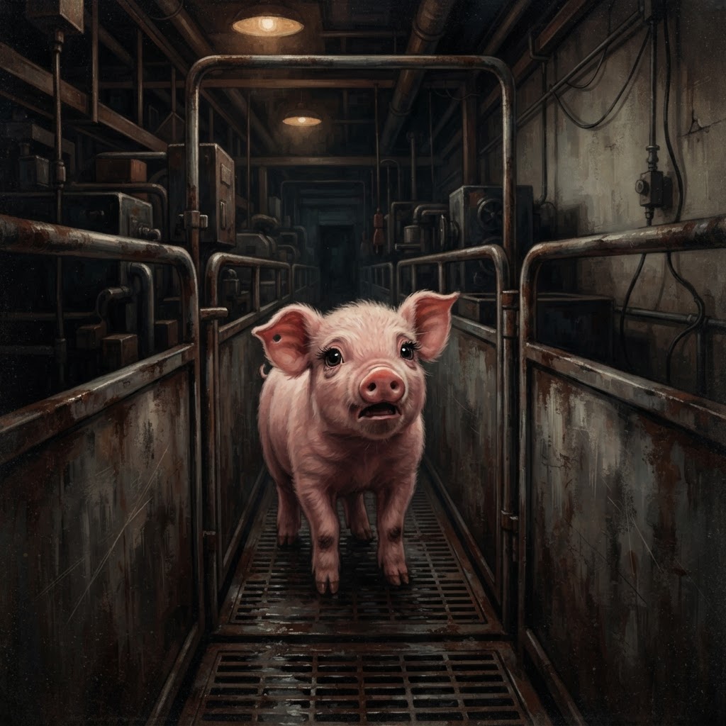The pig looking shocked and confused in the slaughter line chute
