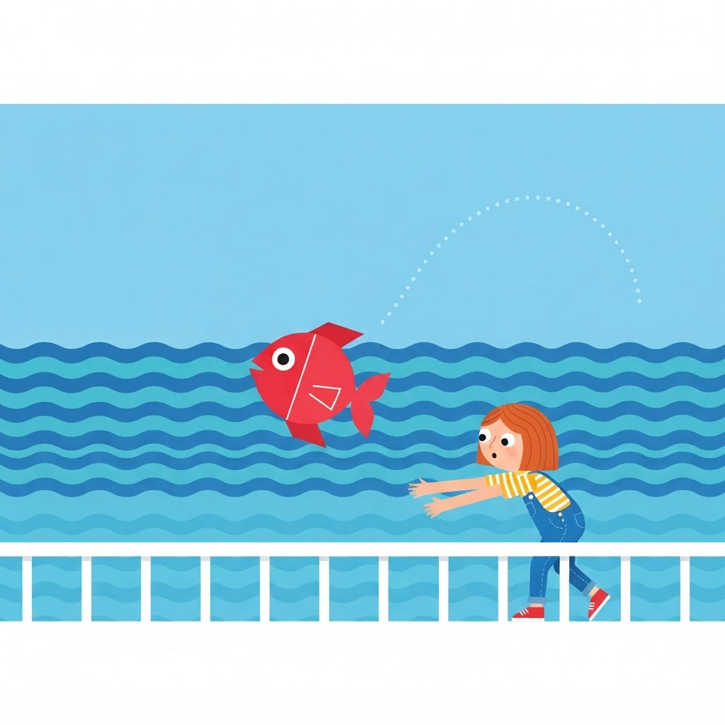 Red plastic fish tumbling toward the ocean, Jane watching from the railing