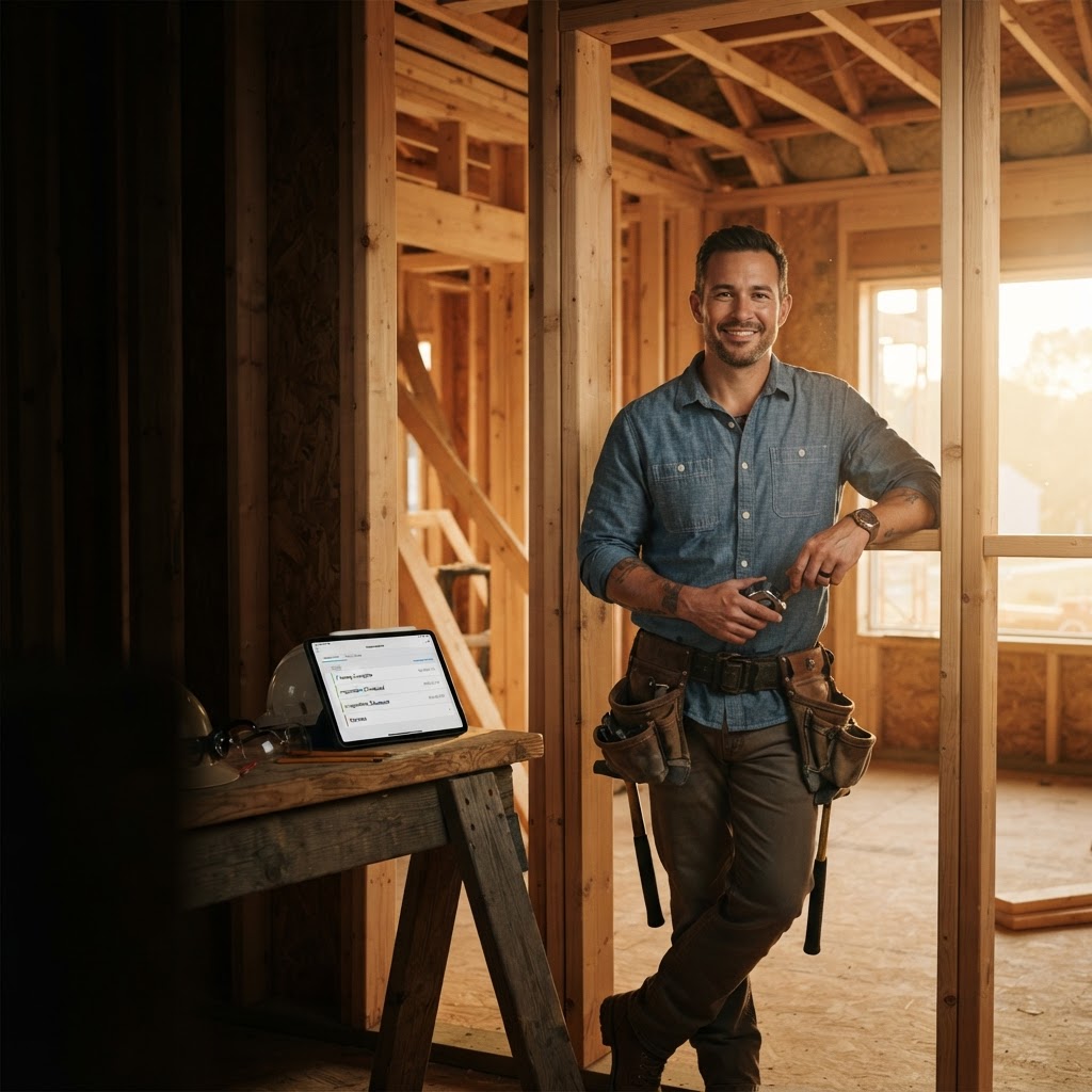 A carpenter leaning against a freshly framed wall at golden hour, relaxed and smiling, while the app handles the admin