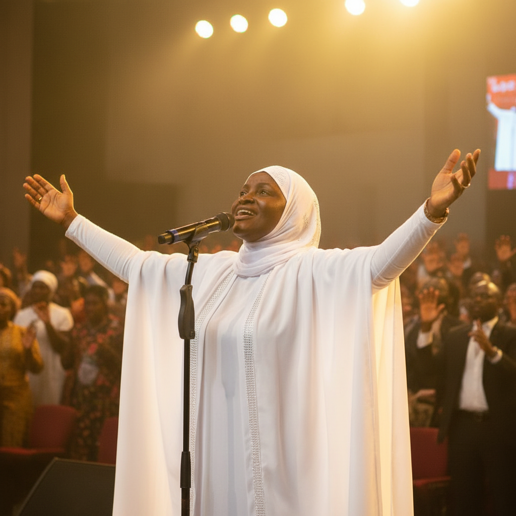 Patience Annan Ekpe arms outstretched in worship during Adonai Yahushua