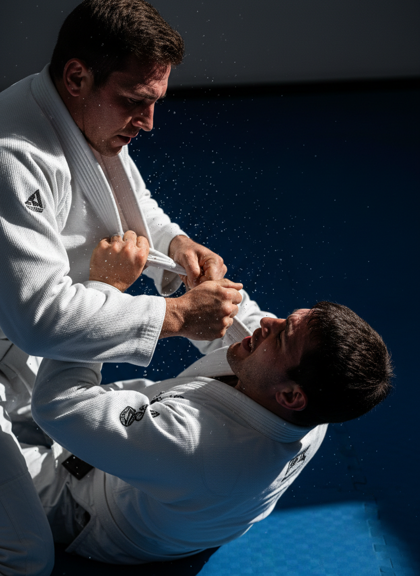 Two jiu jitsu practitioners in a technical exchange