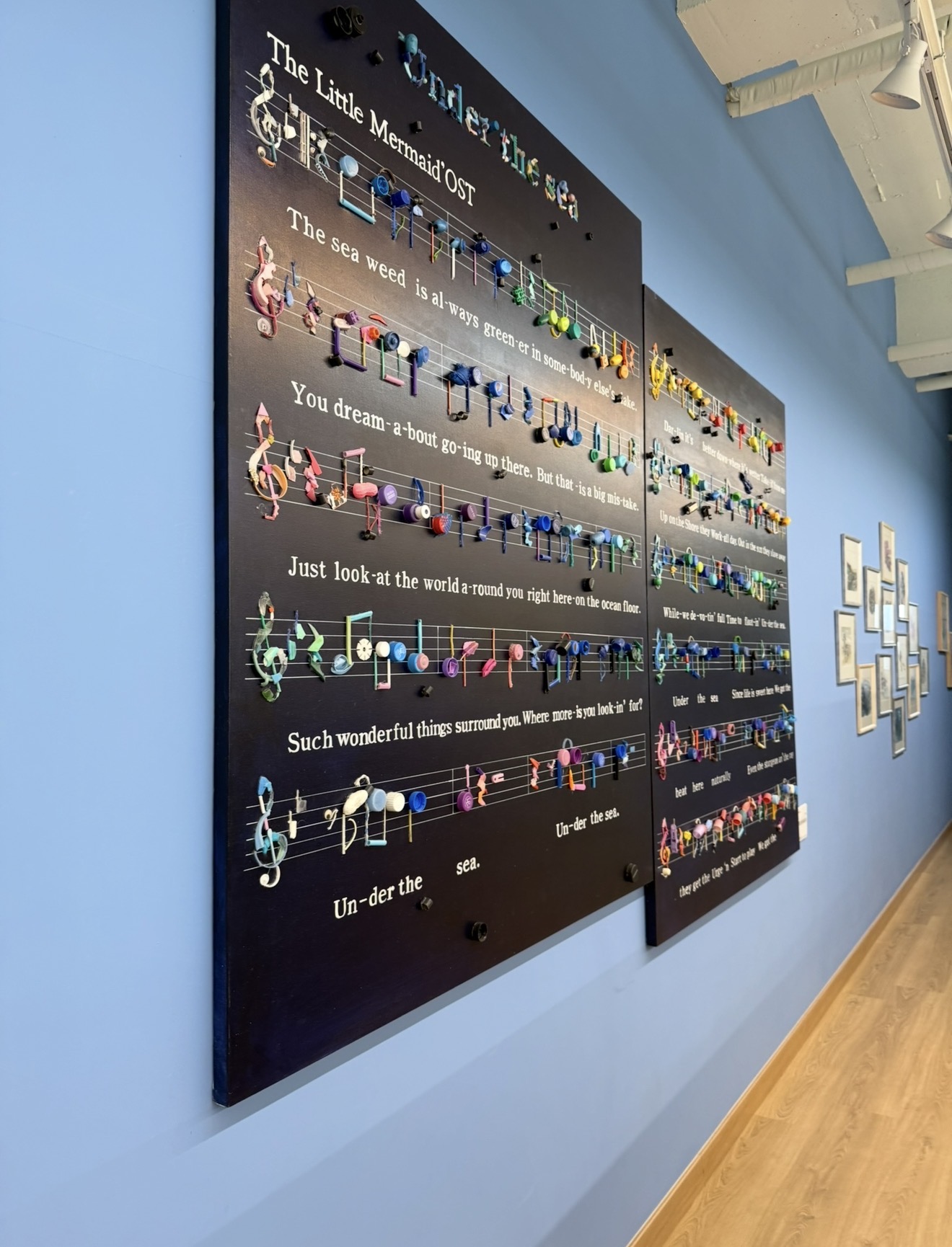 Under the Sea musical score artwork with noteheads made from plastic debris collected on Jeju beaches