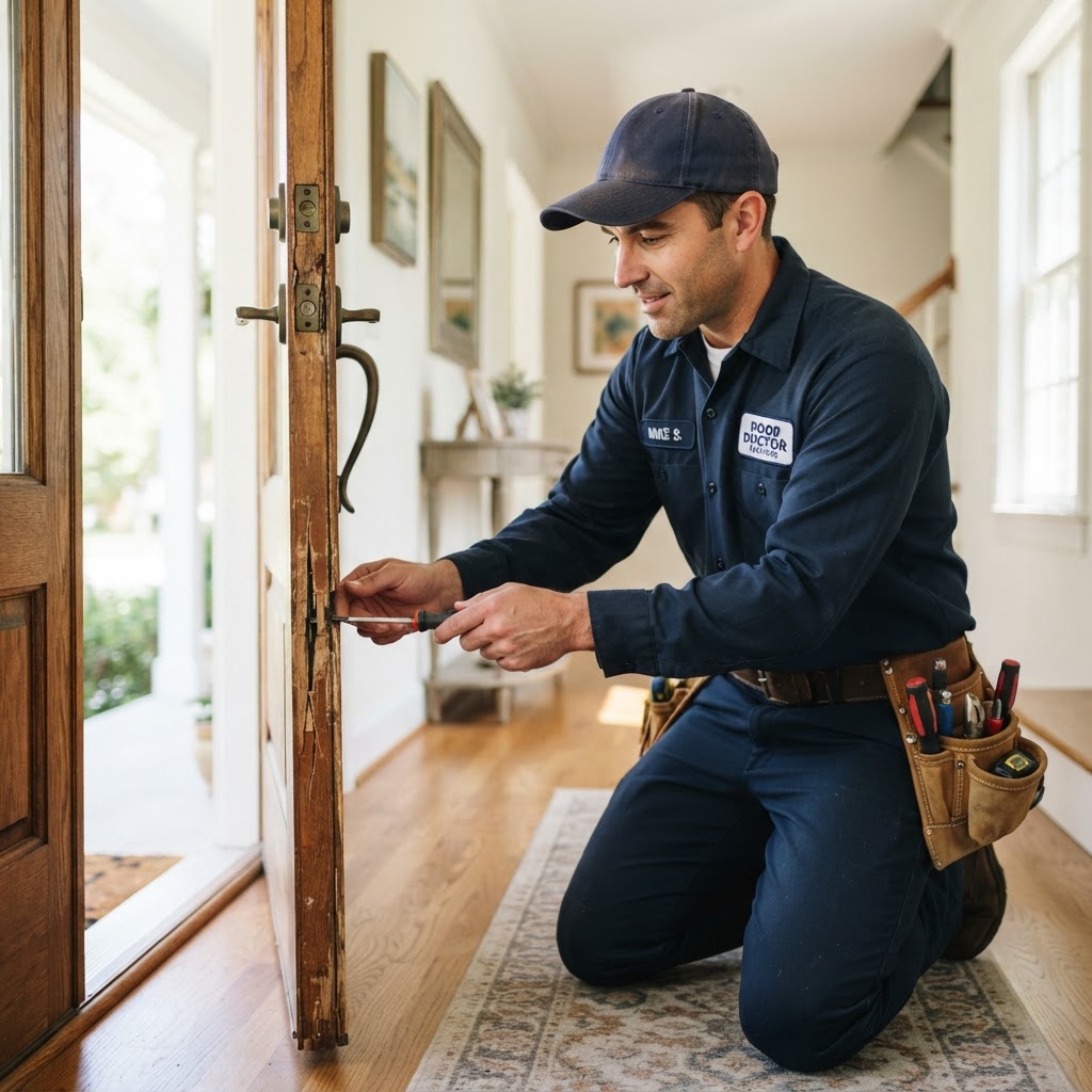 Mr Door Repair technician assessing a damaged entry door frame