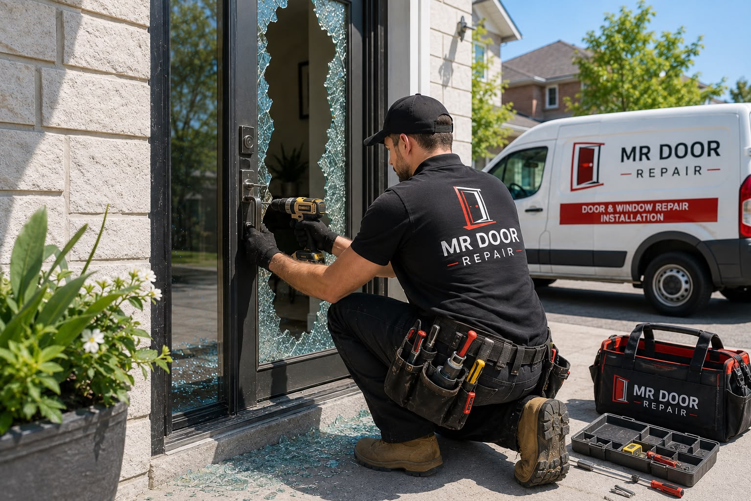Mr Door Repair technician repairing a shattered glass emergency door next to the company van
