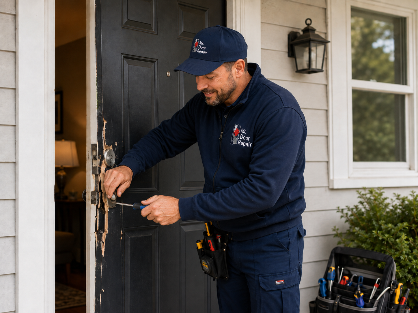 Mr Door Repair technician actively repairing a damaged emergency door