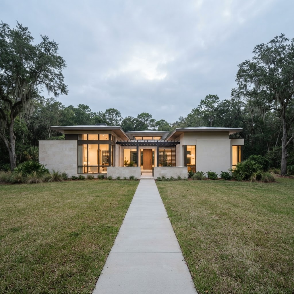 The same lot reimagined with a completed contemporary home