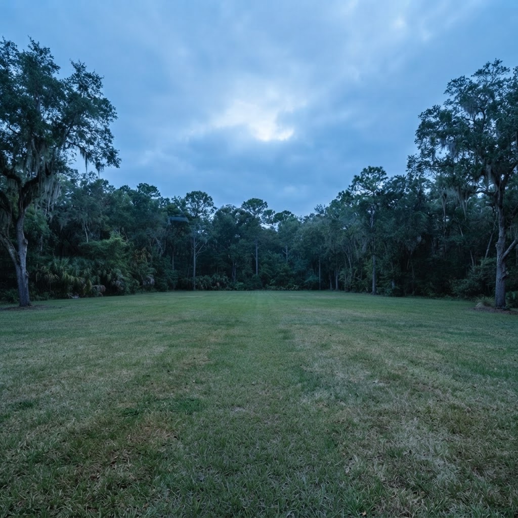 A quiet empty residential lot at dusk