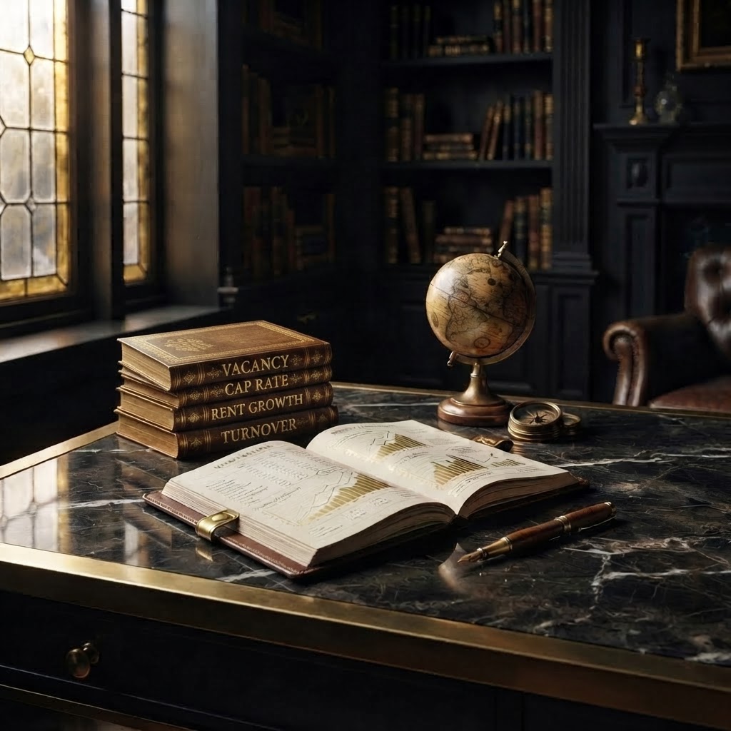 Brass desk detail in a dark library with gold-lit market ledgers