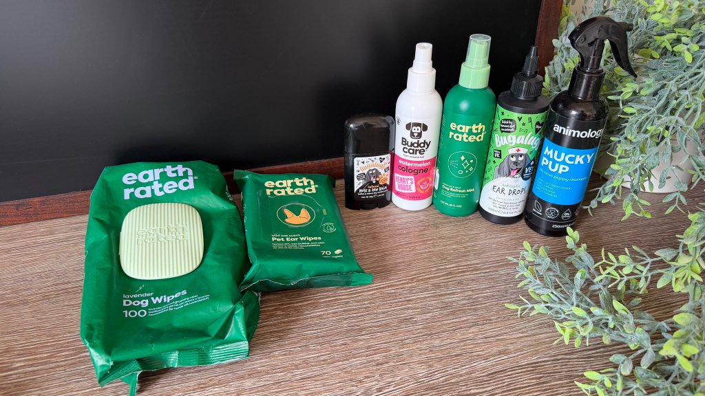 A curated collection of grooming products at House of Paws Retreat — Earth Rated wipes and ear wipes, Animology no-rinse puppy shampoo, Buddy Care watermelon cologne and Bugalugs nose & paw balm