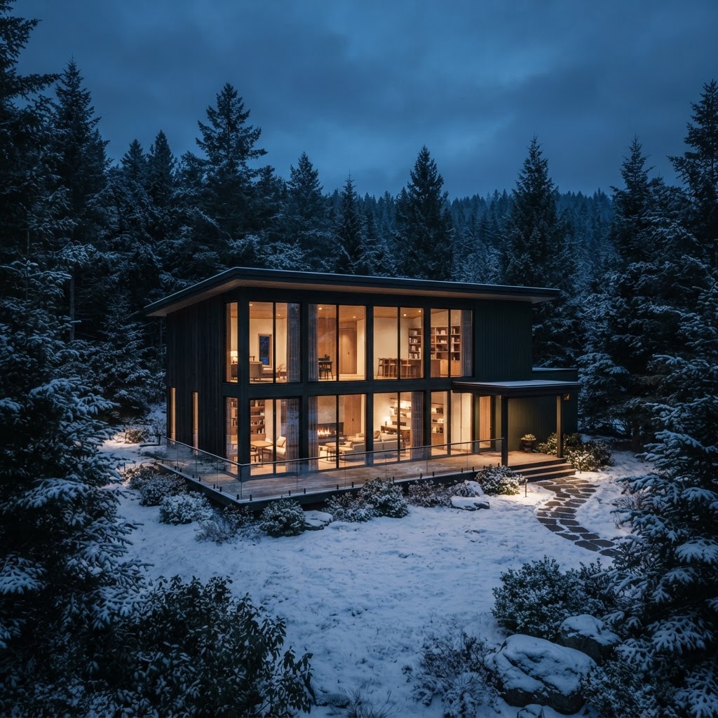 Modern Nordic home at blue hour with warm glowing windows among pine trees