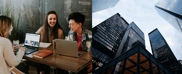 People collaborating together alongside modern glass architecture