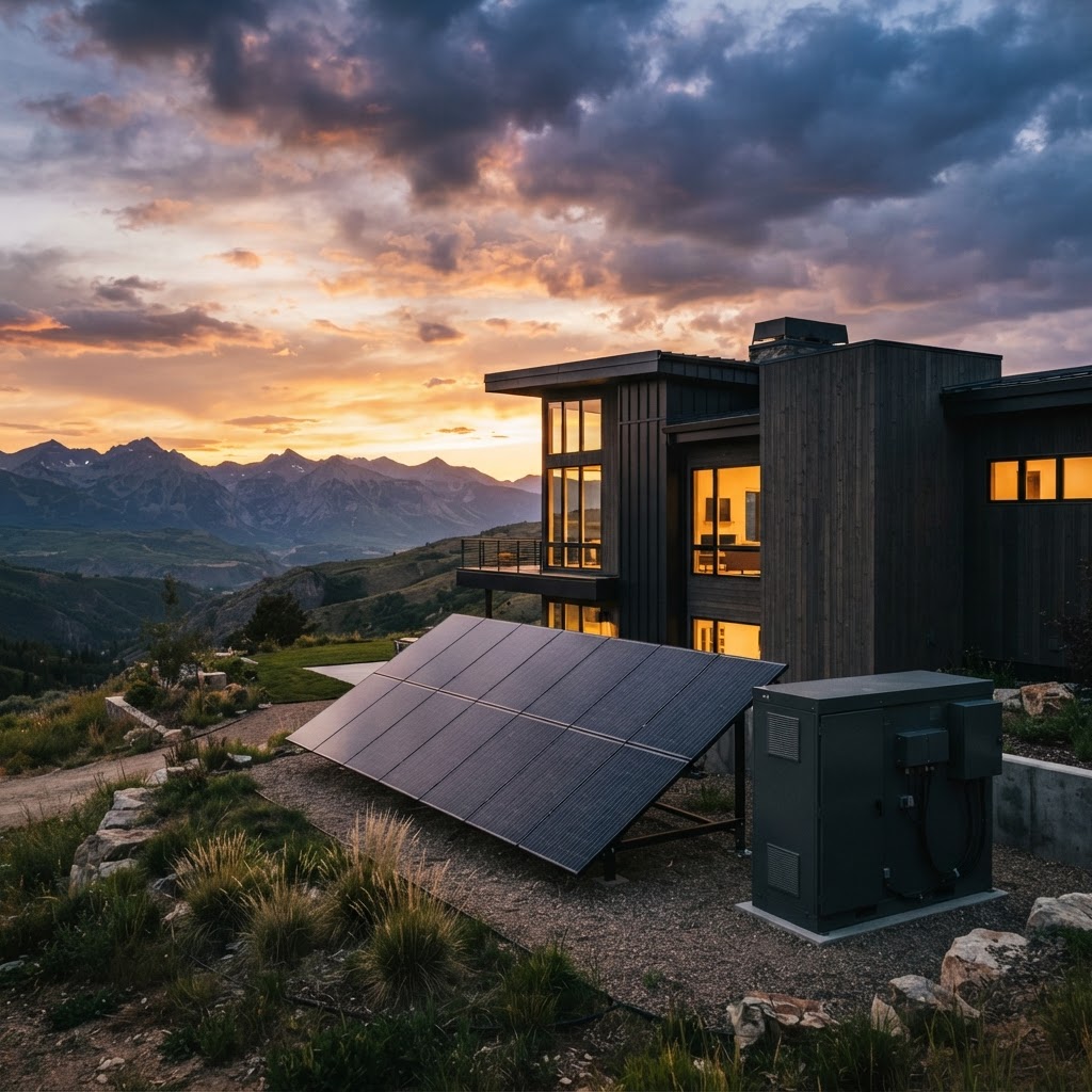 Modern dark-paneled home with solar array and storage unit at sunset