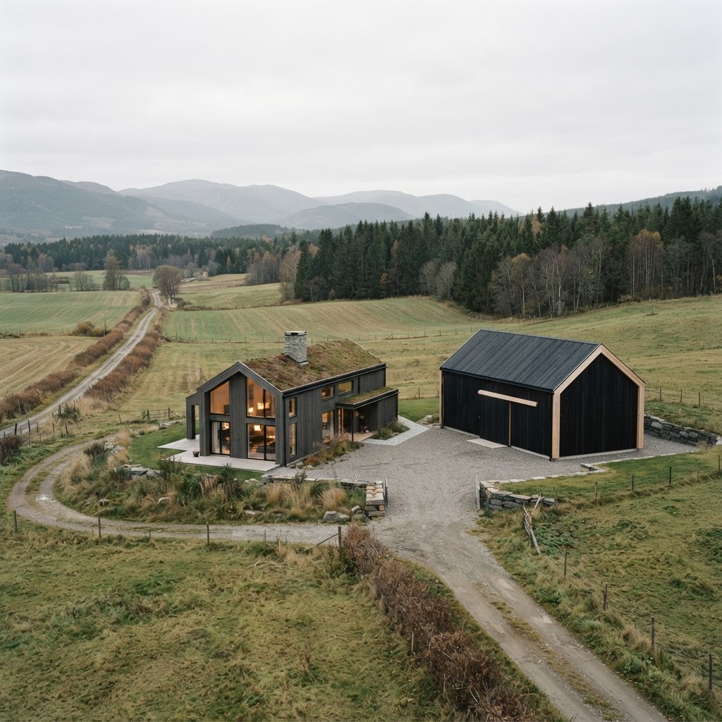 Modern Norwegian farmstead in soft Nordic light