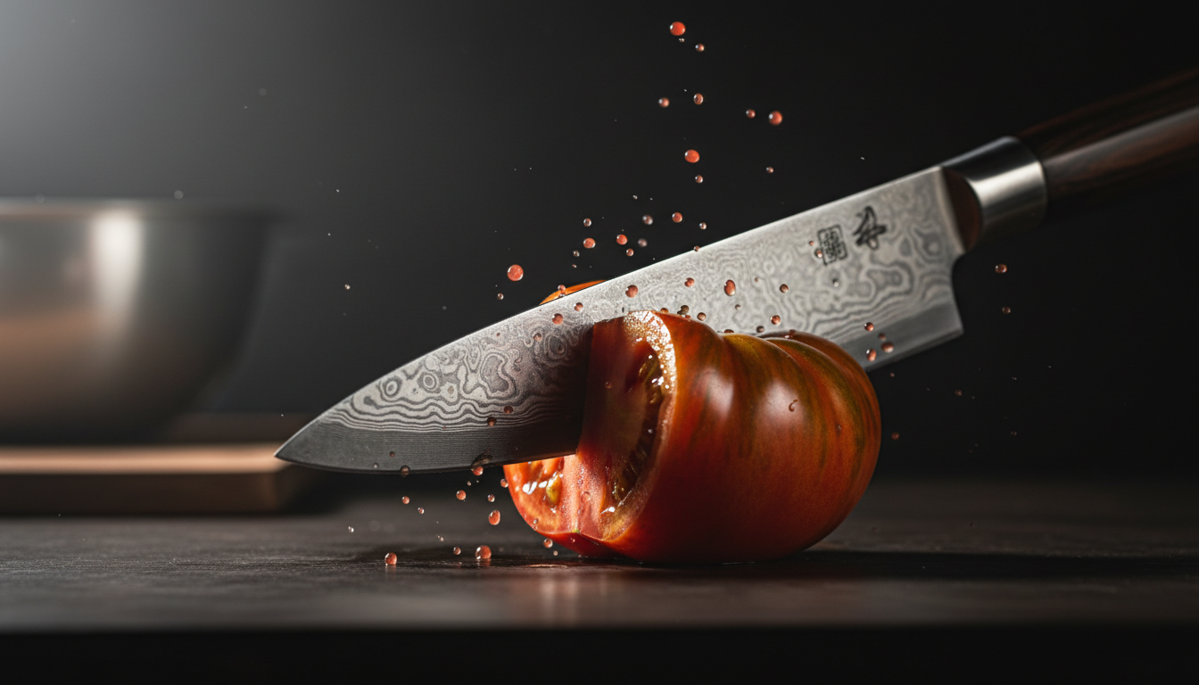 Sharp knife slicing through a ripe tomato with dramatic lighting