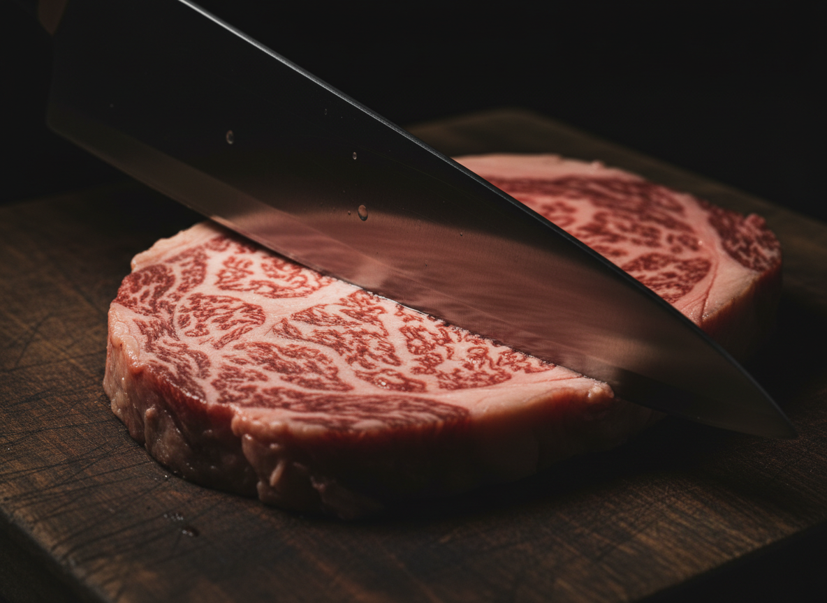 Knife slicing wagyu beef