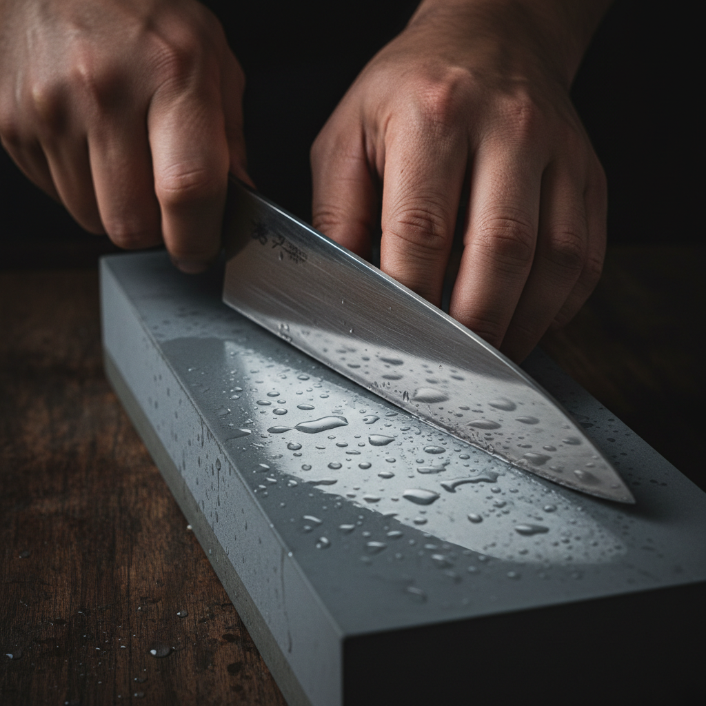 Master artisan sharpening knife on Japanese whetstone