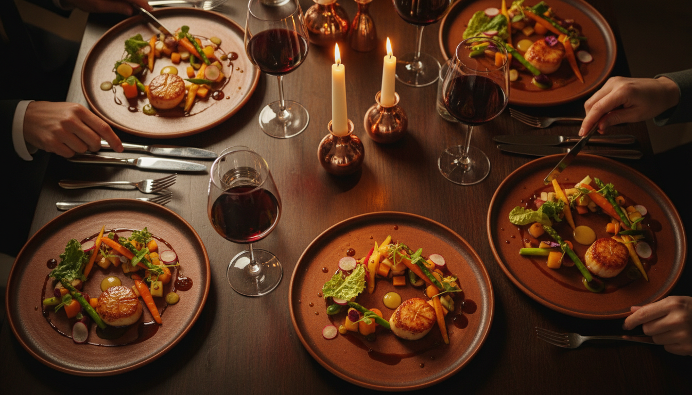 Warm dinner party scene with beautiful food