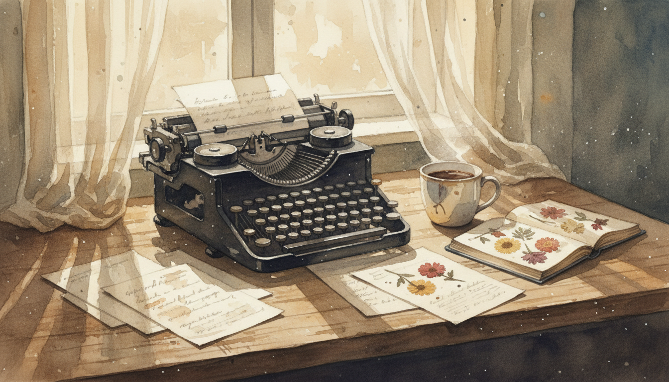A typewriter on a worn desk with scattered handwritten pages and warm golden light
