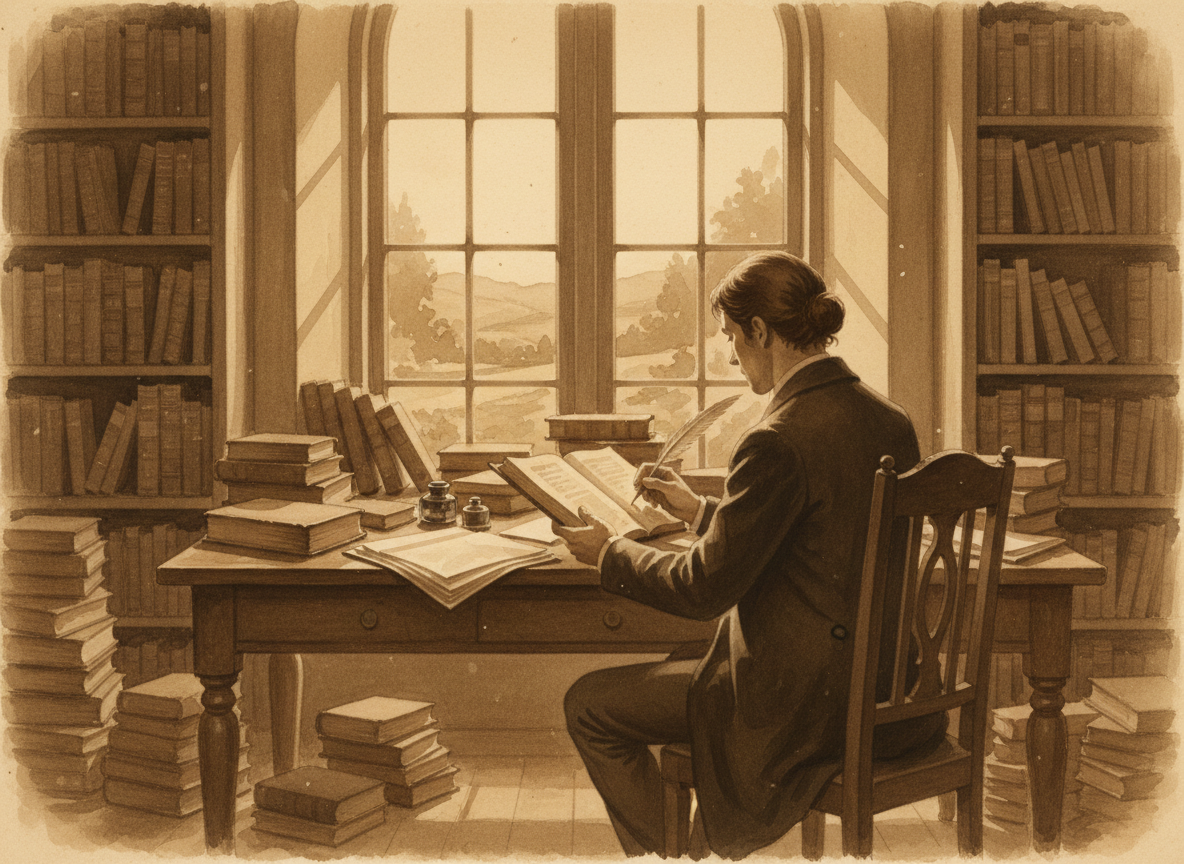 A person writing at a desk near a window, surrounded by books and warm light