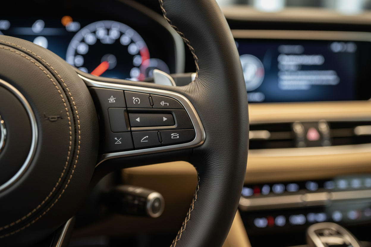 Luxury car interior steering wheel stitching detail with warm gold ambient lighting