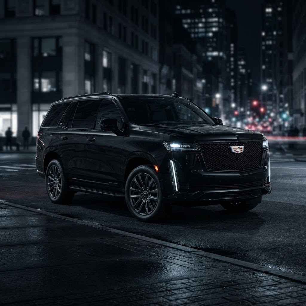 Black Cadillac Escalade luxury SUV three-quarter front view at night