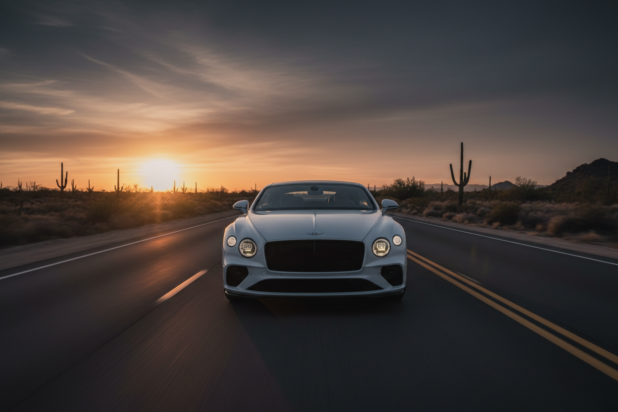 Luxury white coupe on empty highway at dusk