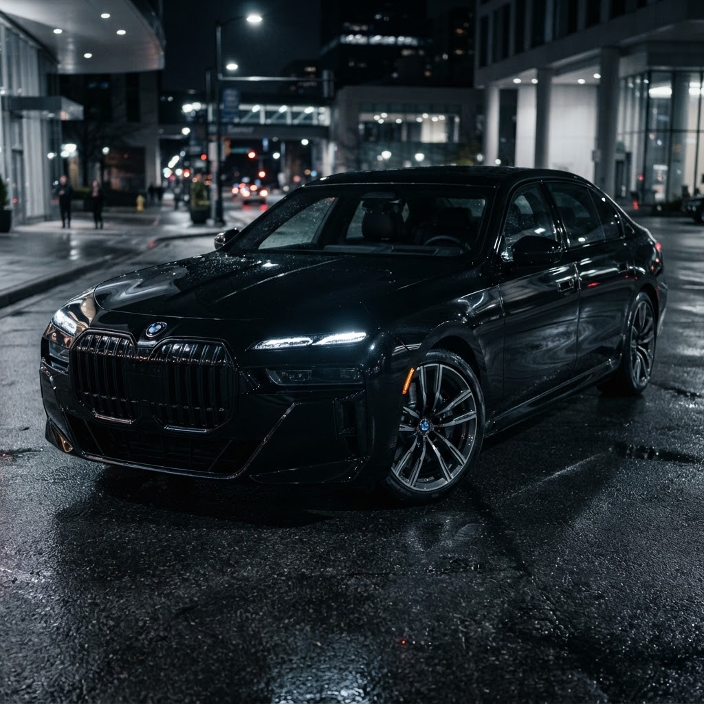 Black BMW 750i luxury sedan three-quarter front view at night