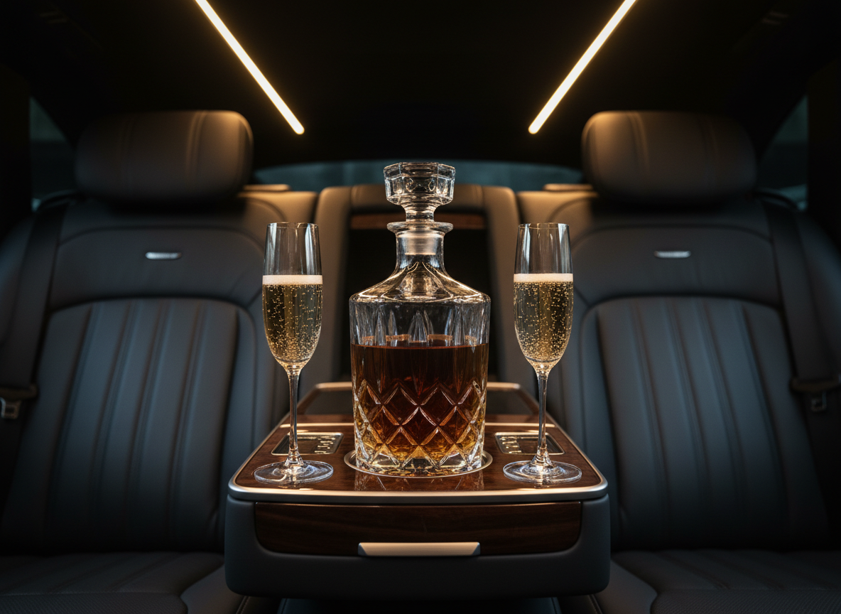 Crystal decanter and champagne glasses in luxury car rear cabin