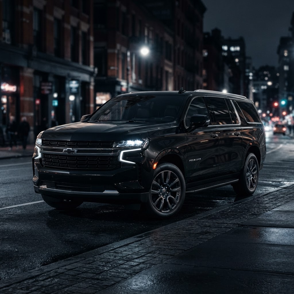 Black Chevrolet Suburban full-size SUV three-quarter front view at night