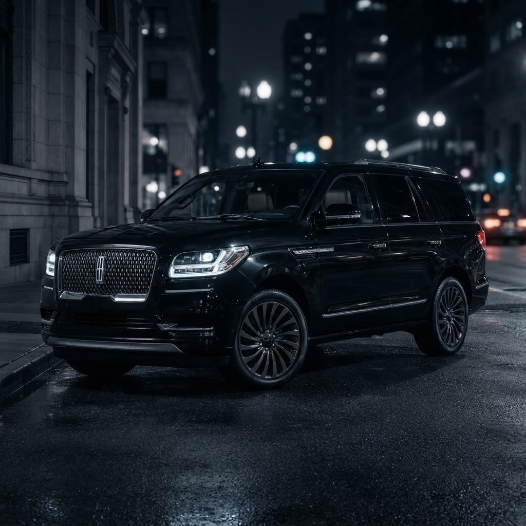 Black Lincoln Navigator luxury SUV three-quarter front view at night
