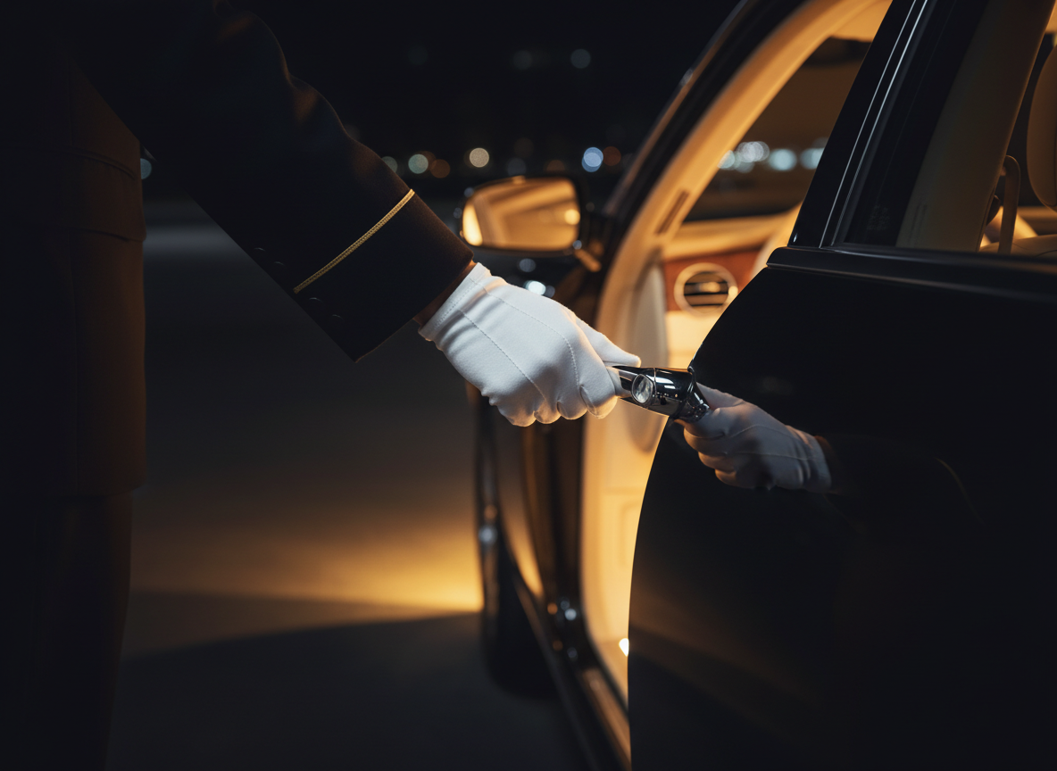 White-gloved chauffeur hand holding open a luxury car door