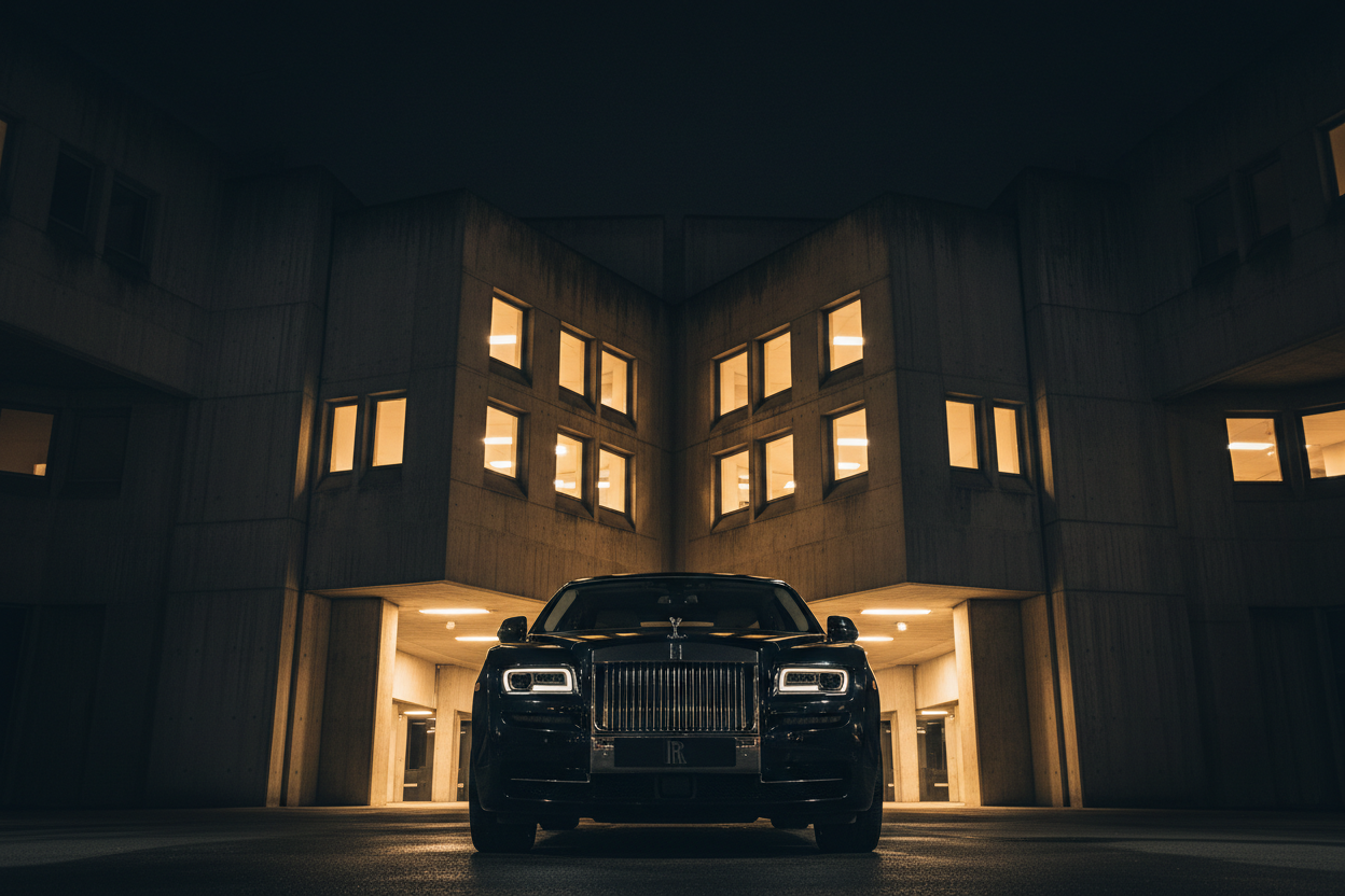 Luxury black sedan parked in front of brutalist architecture at night