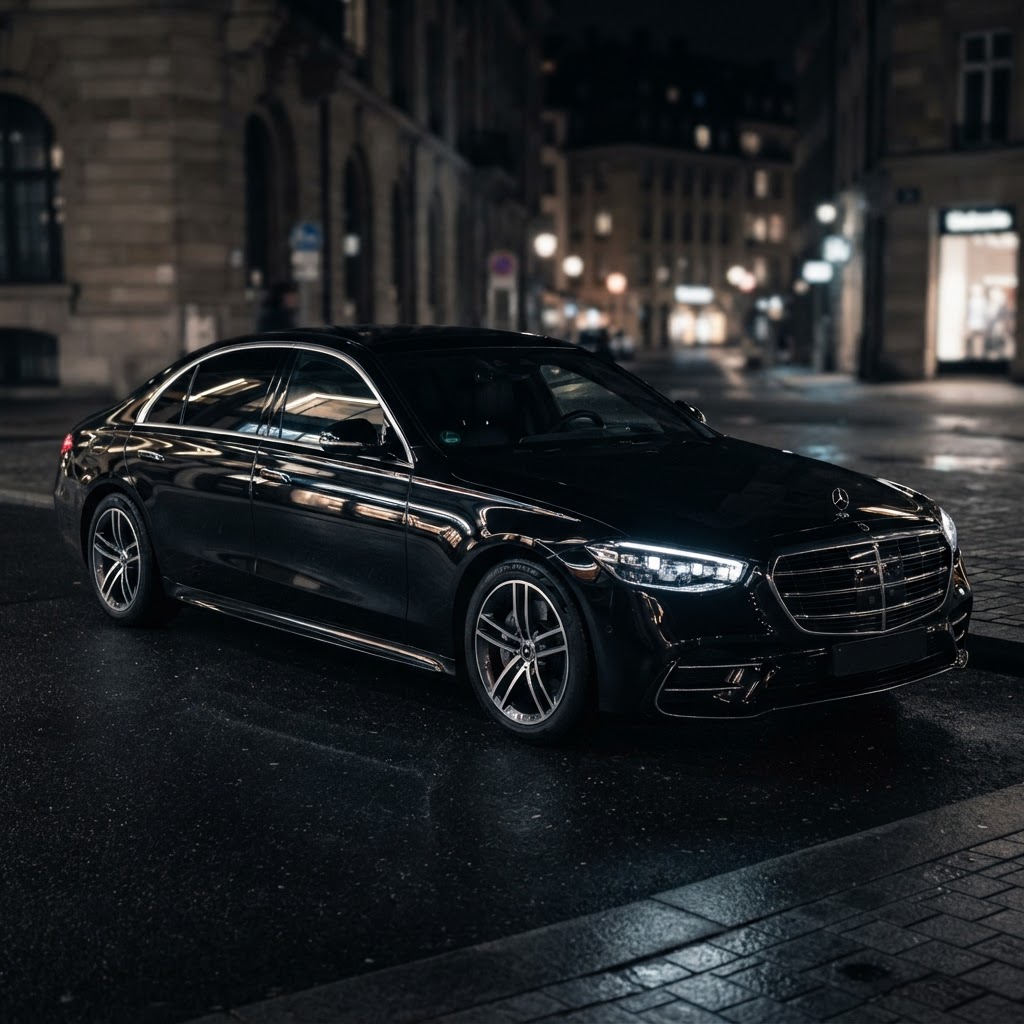 Black Mercedes-Benz S-Class sedan three-quarter view on patterned pavement