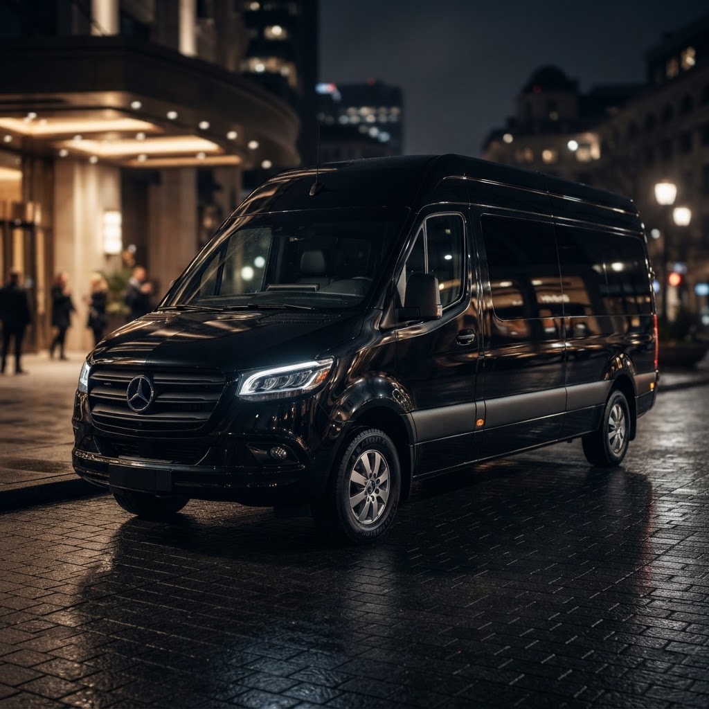 Black Mercedes Sprinter luxury party bus three-quarter front view at night
