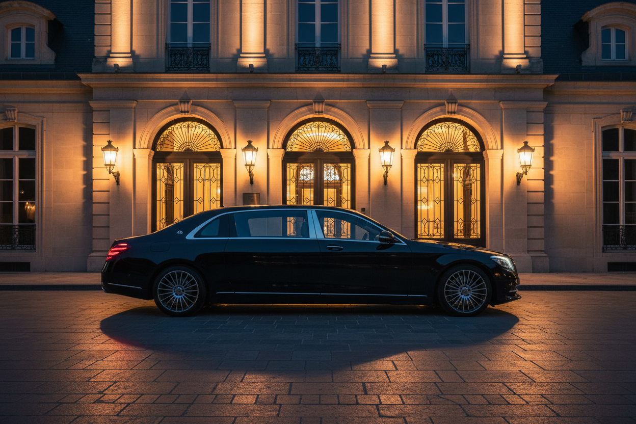 Luxury black limousine at grand estate entrance at night