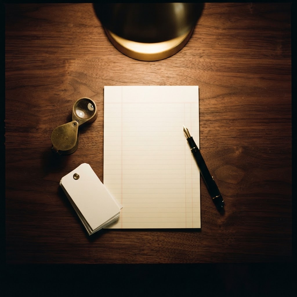 Jeweler's loupe, pen and inventory ledger on dark walnut