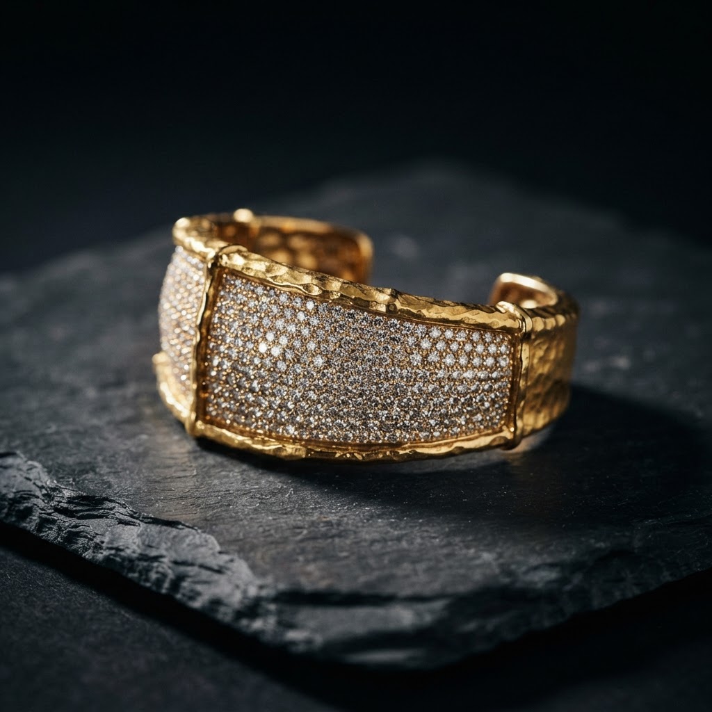 Gold and diamond cuff bracelet on dark slate