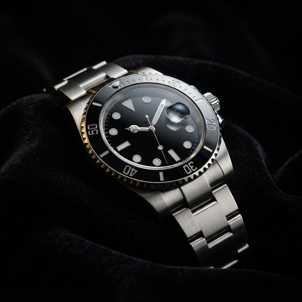 Luxury dive watch photographed on black velvet