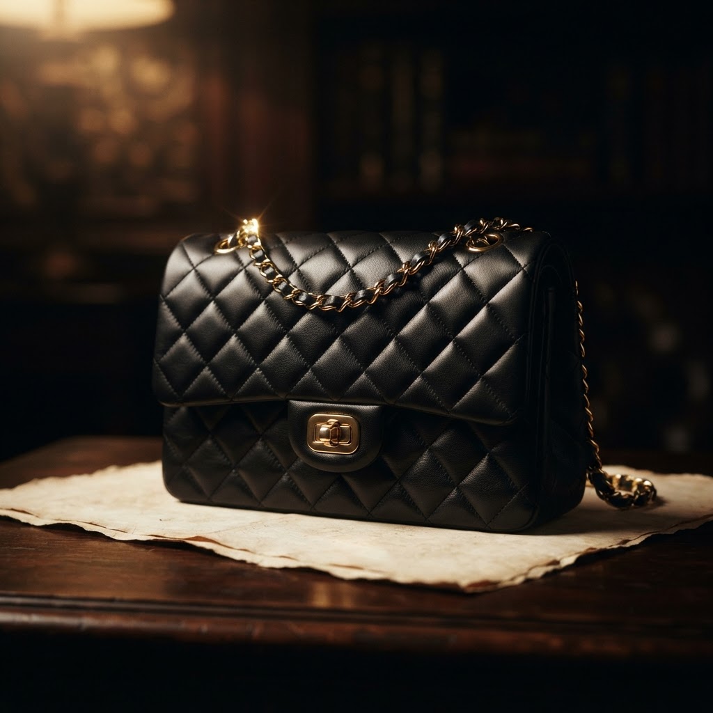 Quilted black lambskin handbag with gold chain on ivory parchment