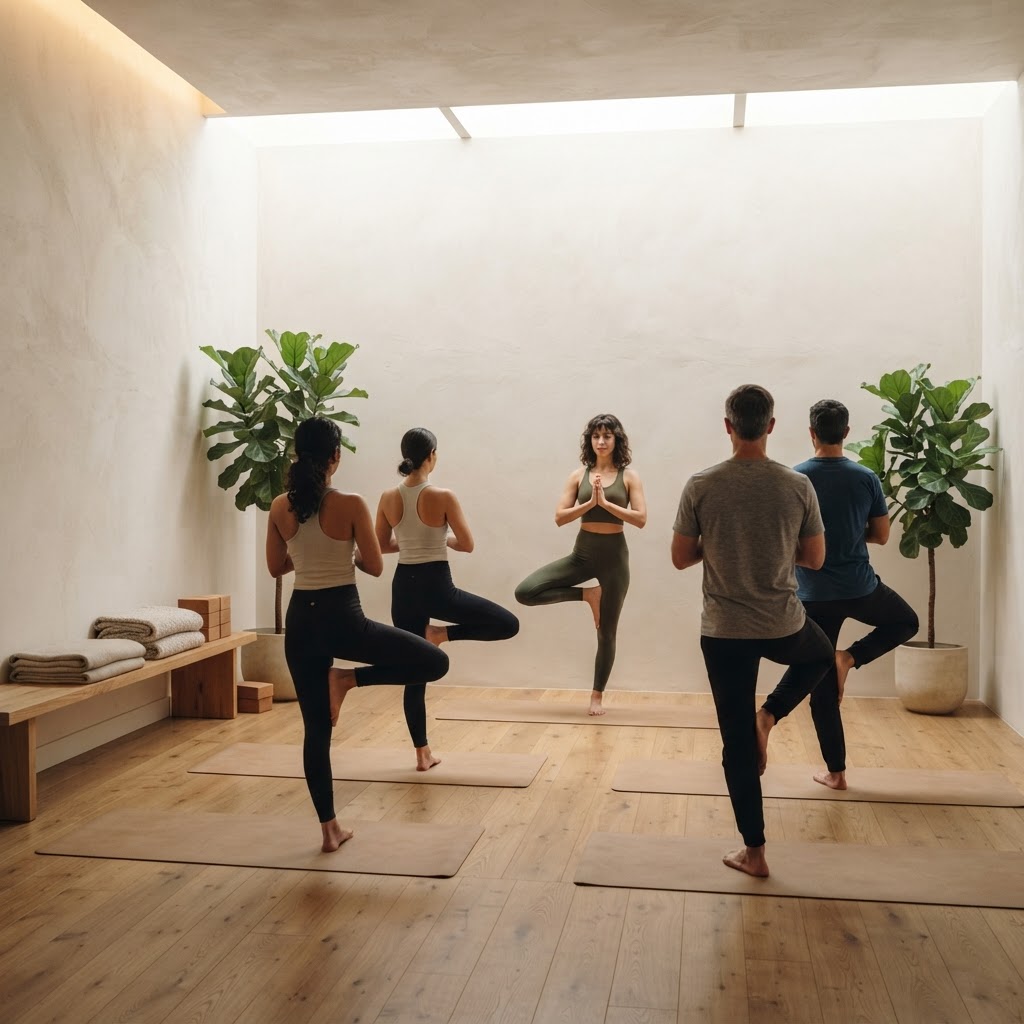 Profesora de Yoga española guiando una clase en grupo en un estudio contemporáneo luminoso con luz natural y materiales naturales