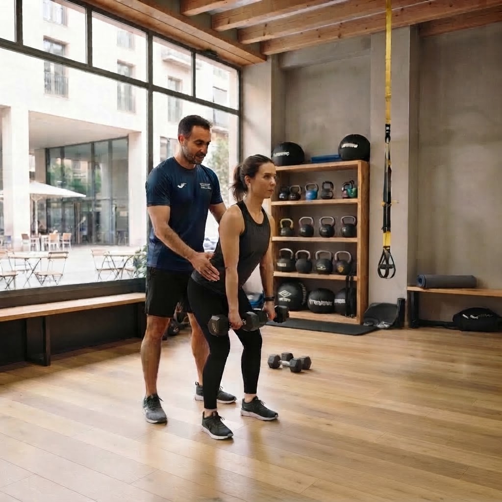 Entrenadora personal española corrigiendo la técnica en un grupo reducido en un estudio boutique con vista a una plaza urbana diferente