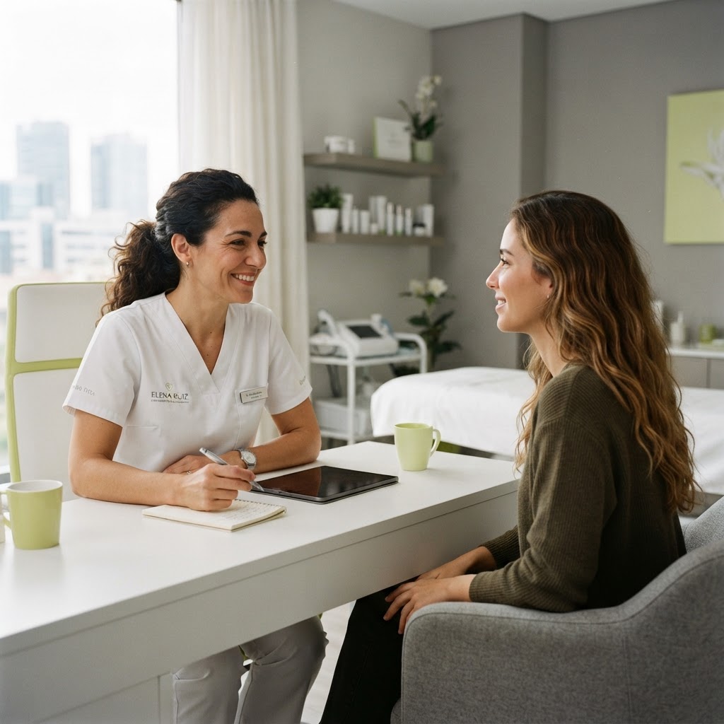 Profesional de medicina estética conversando con una paciente en una consulta moderna