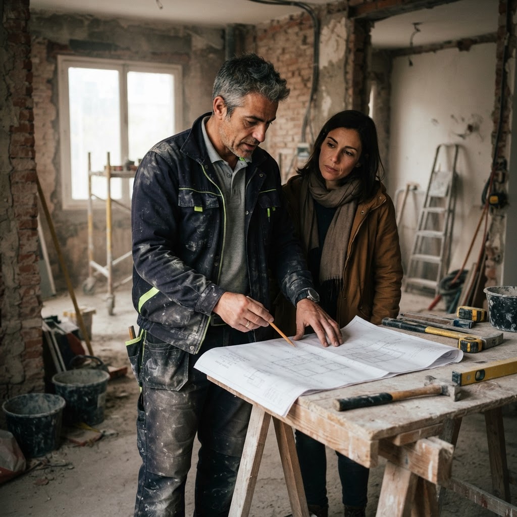 Jefe de obra explicando el plan en planos con un cliente en una vivienda en plena reforma